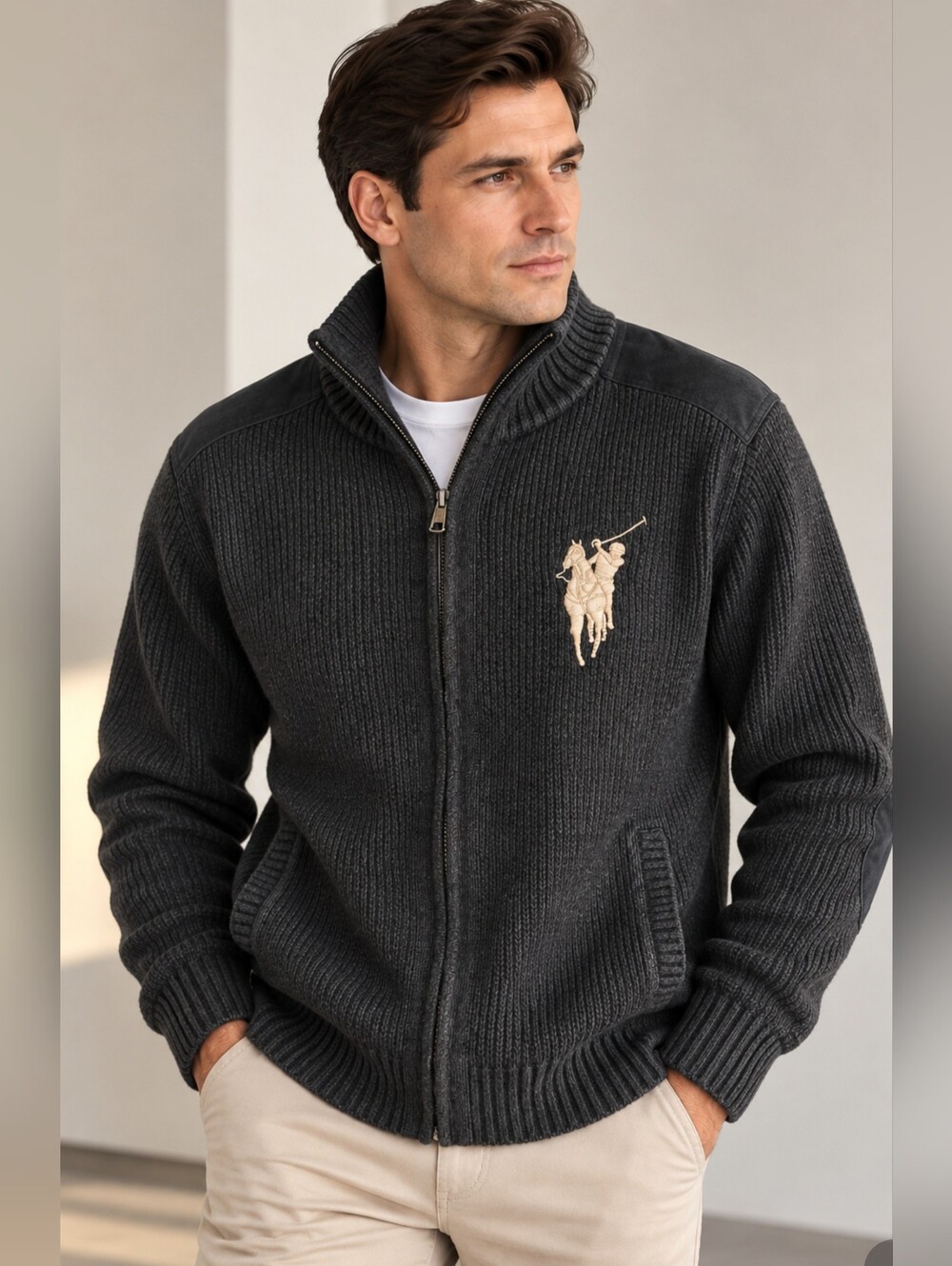 Polo Walk Men’s XXL Charcoal 100% Cotton Full-Zip Knit Sweater